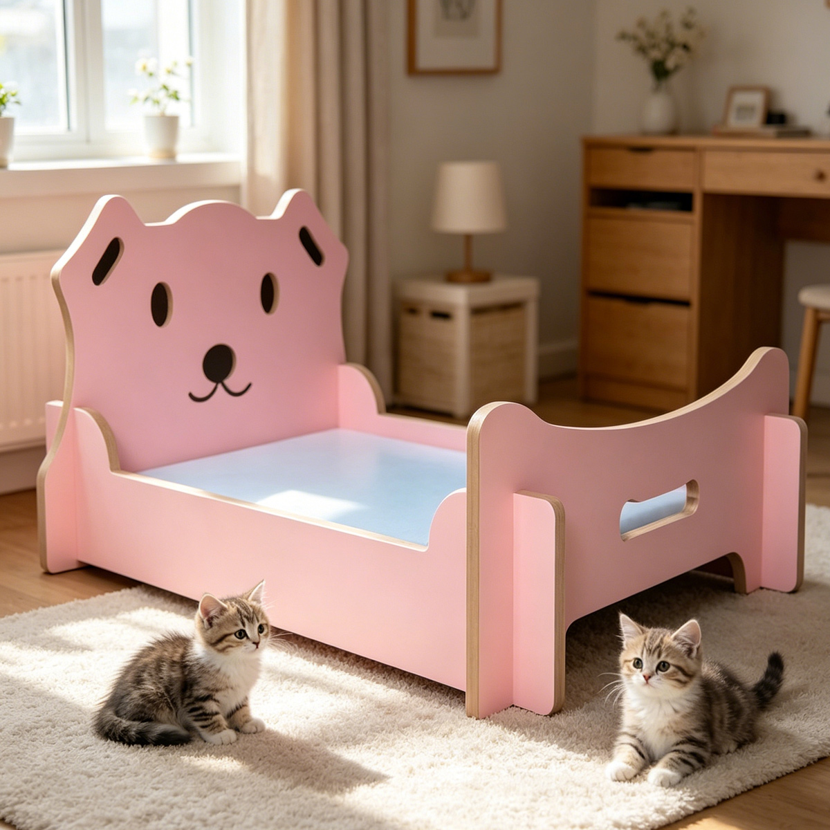 Wholesale Custom pink bear shaped wooden pet bed, New China Design Pet Supplies, hollow side guardrail, cartoon bear head headboard, white background studio product photo