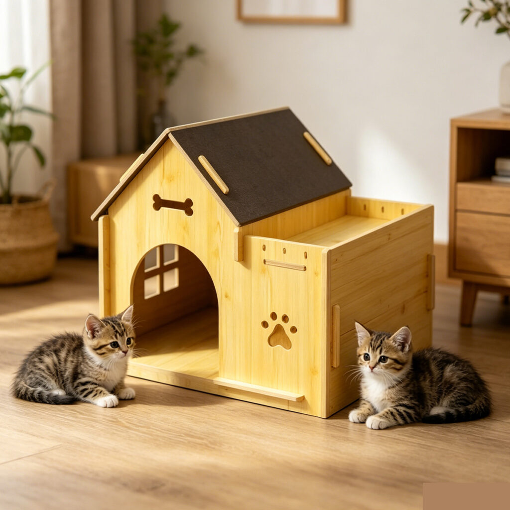 Wooden Dog House with Balcony and 2 Cats
