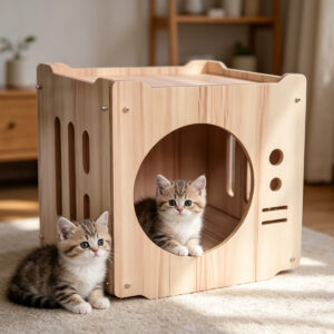 Stackable Wooden Cat House with 2 Kittens
