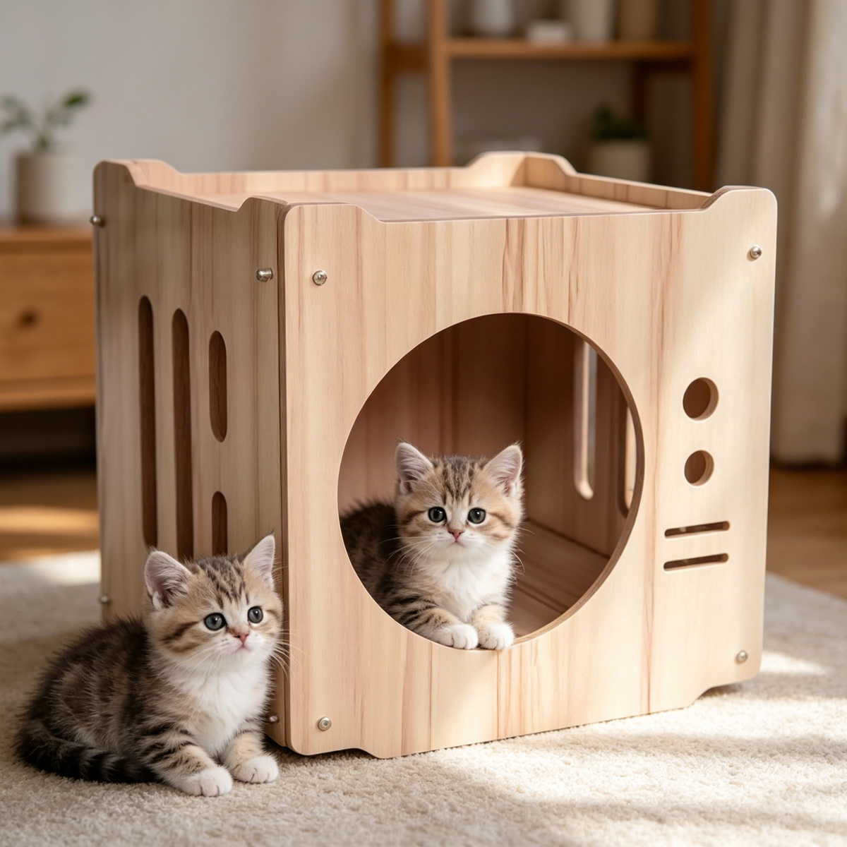 Wholesale Custom stackable solid wood cat cube house, New China Design Pet Supplies, circular entrance, hollow ventilation holes, indoor home lifestyle photo with two tabby kittens