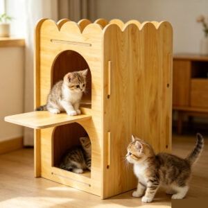 Double-Decker Wooden Cat House with 2 Cats