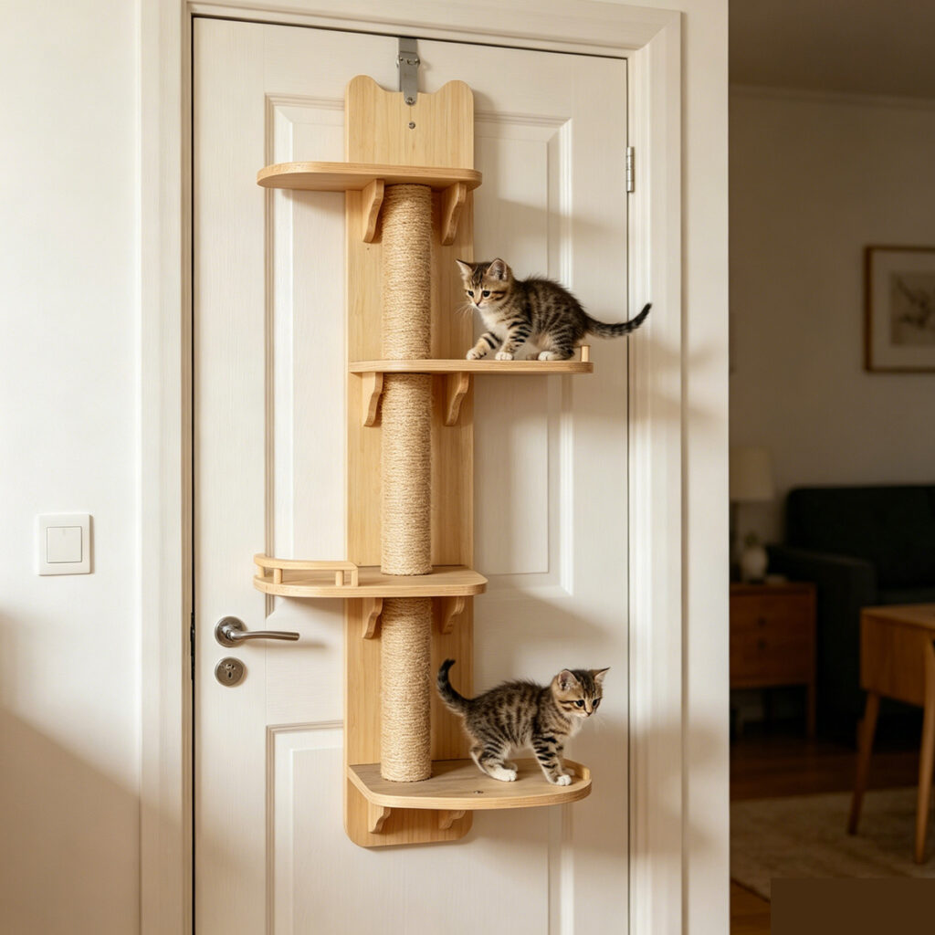 Wholesale Custom solid wood door hanging cat tree, New China Design Pet Supplies, multi-layer climbing shelves, full sisal scratching post, indoor home scene photo with two tabby cats