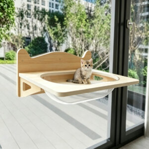 SZHD-SP5001-01 Wooden Cat Window Perch with a Cat Relaxing, Transparent Space Capsule Hammock Mounted on Window