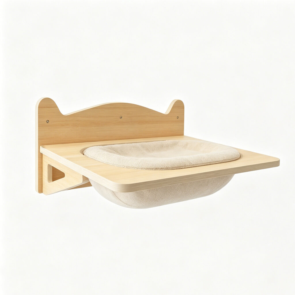 Wholesale Custom solid wood wall mounted cat window perch, New China Design Pet Supplies, cat ear shape backboard, soft fabric hammock bed, wall fixed cat shelf, white background studio product photo