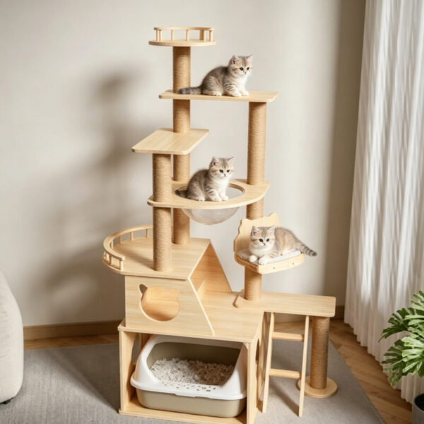 Wholesale Custom multi-level solid wood cat tree, full sisal posts, space capsule nest, cat litter box cabinet, soft cushion platform, climbing ladder, white background studio product photo