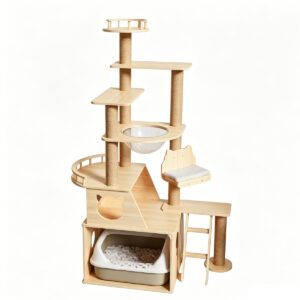 SZHD-SP5001-02 Multi-Level Solid Wood Cat Tree with Litter Box Enclosure, isolated on white background