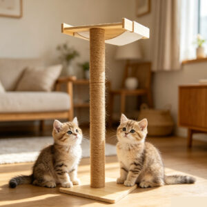 SZHD-SP5001-03 Wooden Cat Scratching Post with Window Perch, two cats using it in home setting