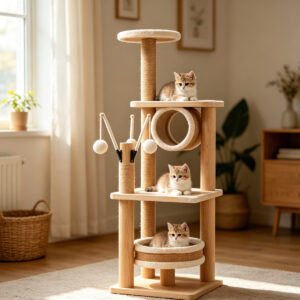 SZHD-SP2001-05 Multi-Level Cat Tree with 3 Cats Playing in a Bright Living Room