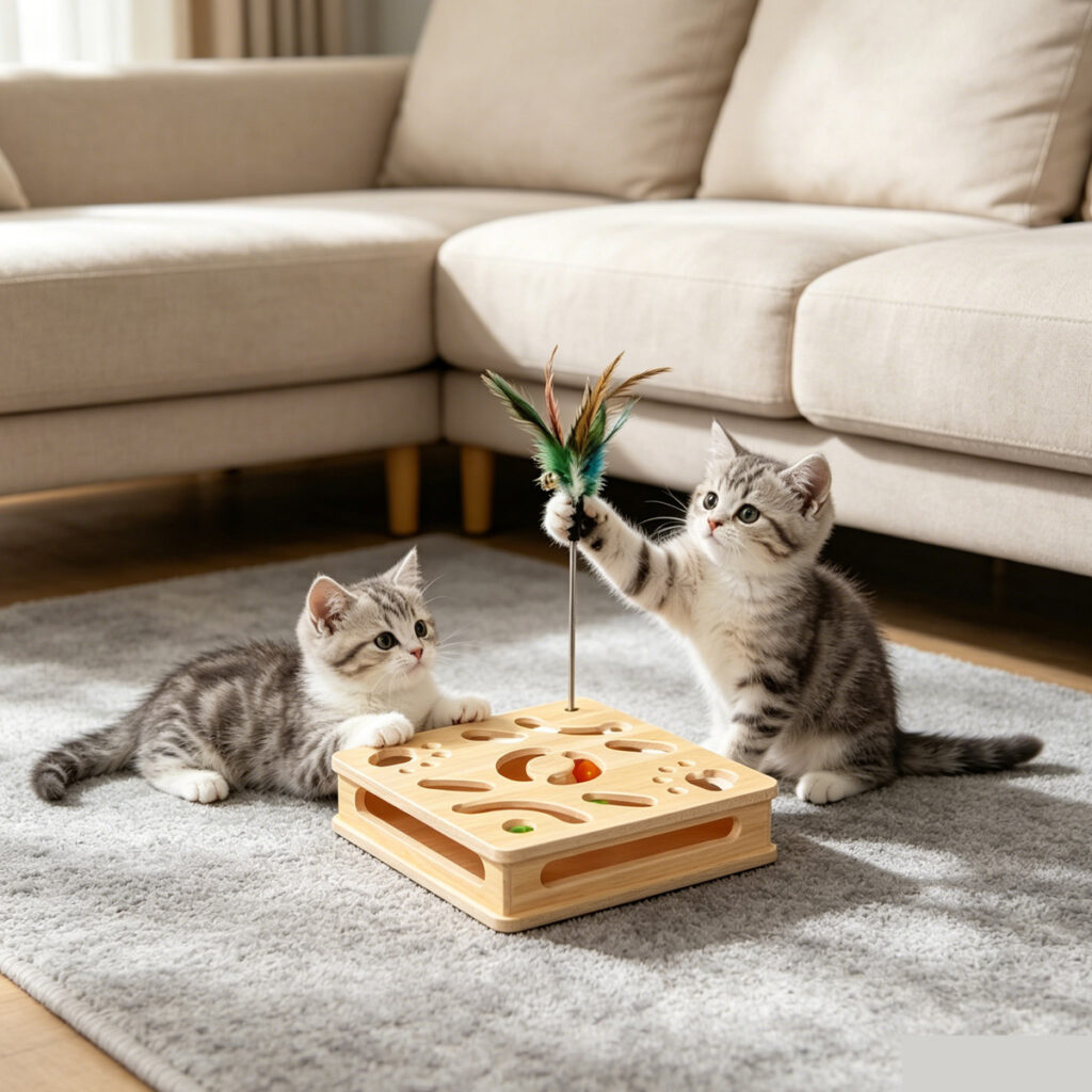 Wholesale Custom solid wood cat puzzle toy box, New China Design Pet Supplies, rolling ball tracks, feather teaser stick, paw hollow cutouts, white background studio product photo