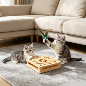 SZHD-SP5001-04 Wooden Cat Puzzle Box with Feather Teaser, two cats playing with it in home setting