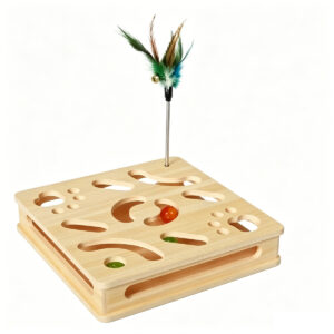 SZHD-SP5001-04 Wooden Cat Puzzle Box with Feather Teaser, isolated on white background