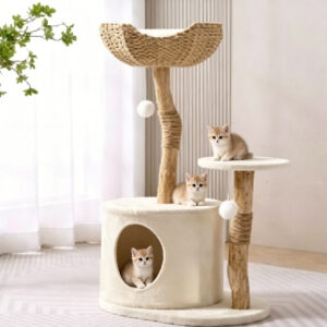 SZHD-SP5001-05 Natural Wood Cat Tree with Woven Top and Condo, three cats using it in home setting