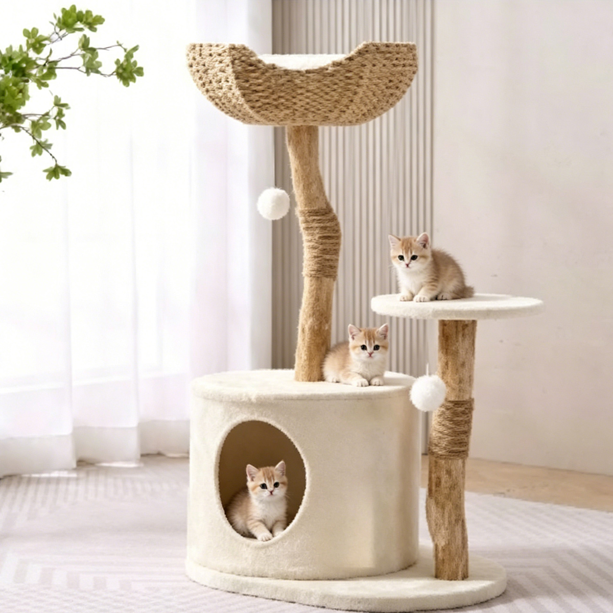 Wholesale natural branch cat tree with woven crescent perch, plush enclosed cat condo, sisal wrapped scratching posts and hanging pom-pom toys, white background product photo
