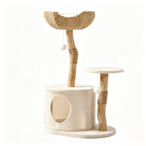 SZHD-SP5001-05 Natural Wood Cat Tree with Woven Top and Condo, isolated on white background