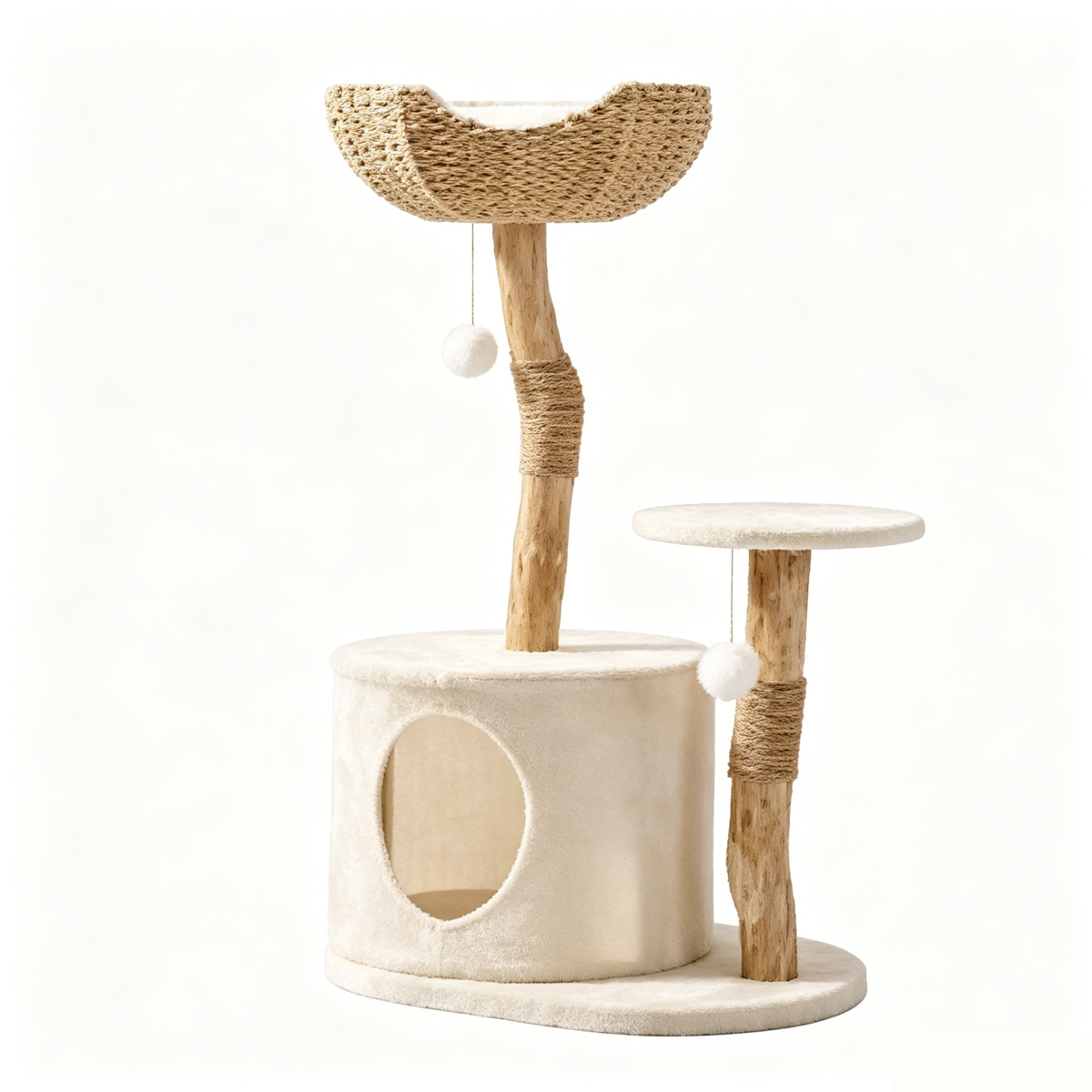 SZHD-SP5001-05 Natural Wood Cat Tree with Woven Top and Condo, isolated on white background