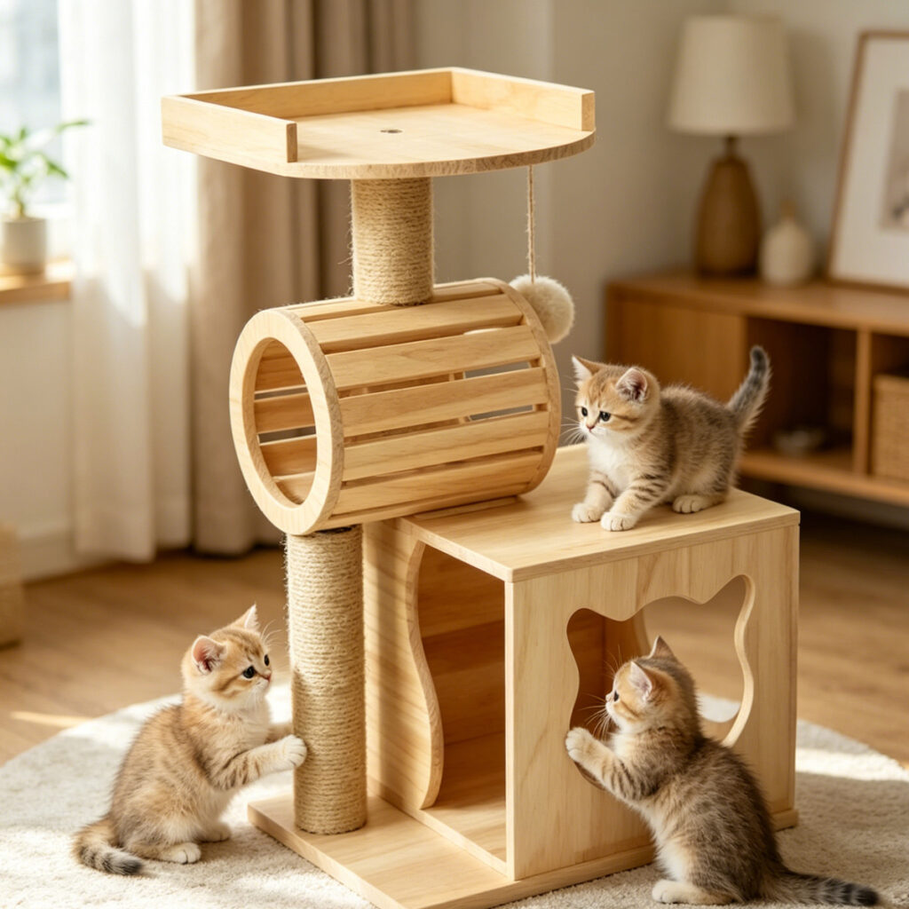 SZHD-SP5001-06 Wooden Cat Tree with Tunnel & Condo, three cats using it in home setting