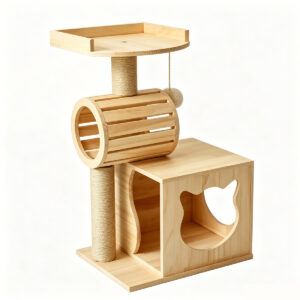 SZHD-SP5001-06 Wooden Cat Tree with Tunnel, Condo and Perch, isolated on white background