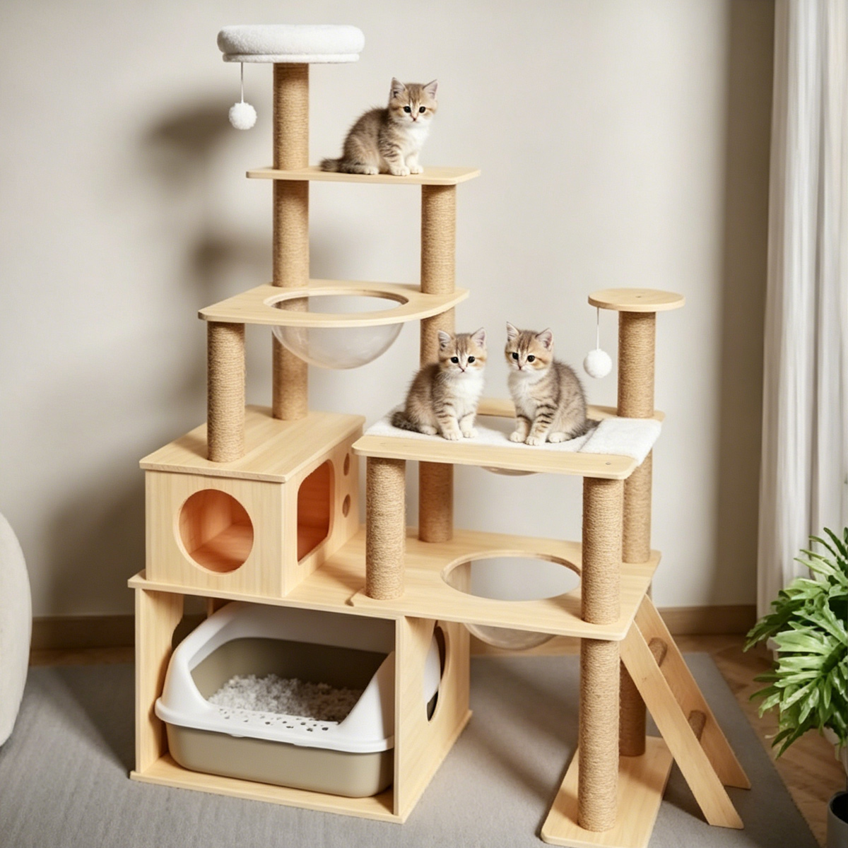 Wholesale multi-cat solid wood cat tree with hidden litter box cabinet, sisal scratching posts, transparent space capsule, cat cave and multiple rest platforms for multi-cat families