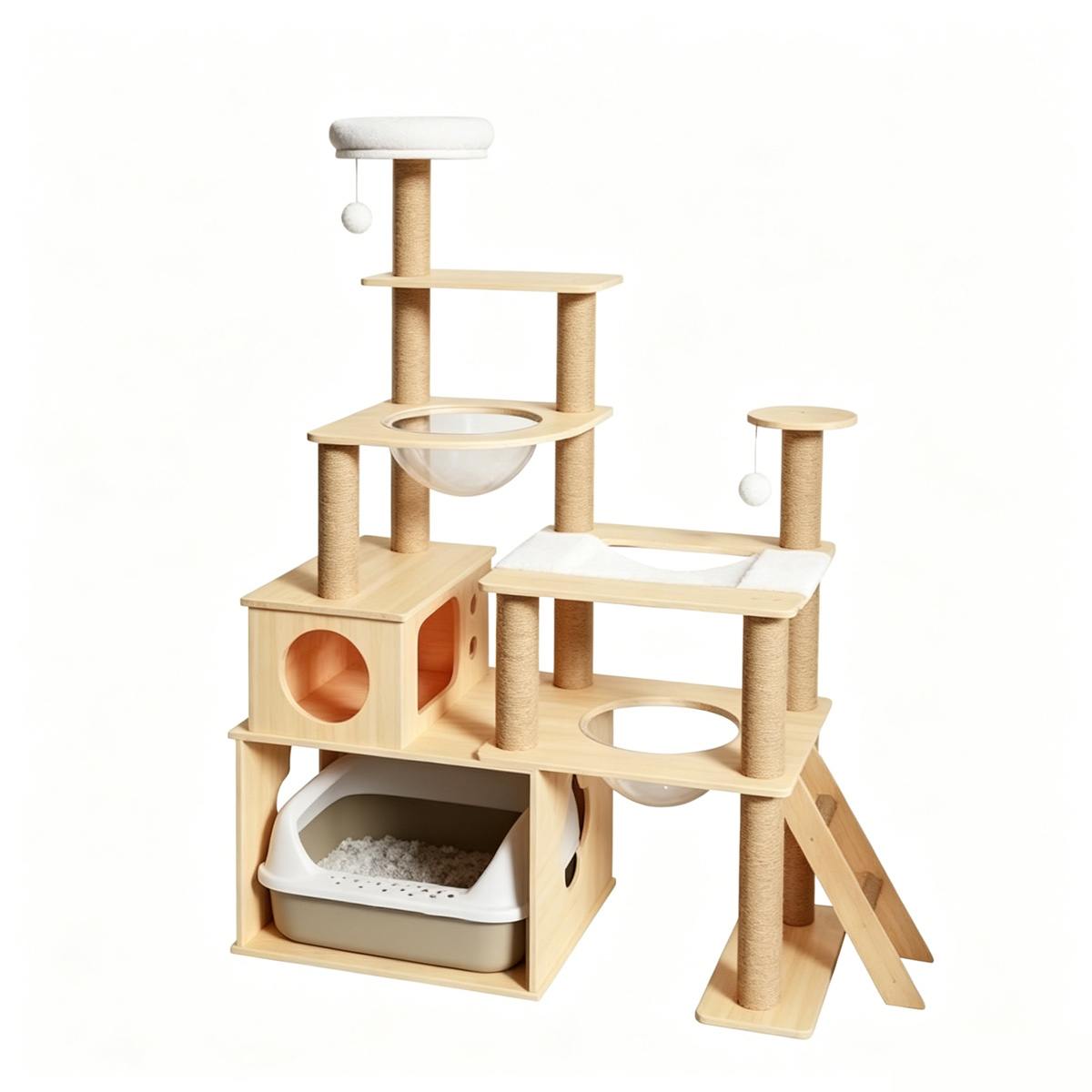 SZHD-SP5001-07 Large Wooden Cat Tree, Multi-Level Cat Tower with Hidden Litter Box, Sisal Scratching Posts, Space Capsule & Cat House, 125×50×158cm, for Multi-Cat Households