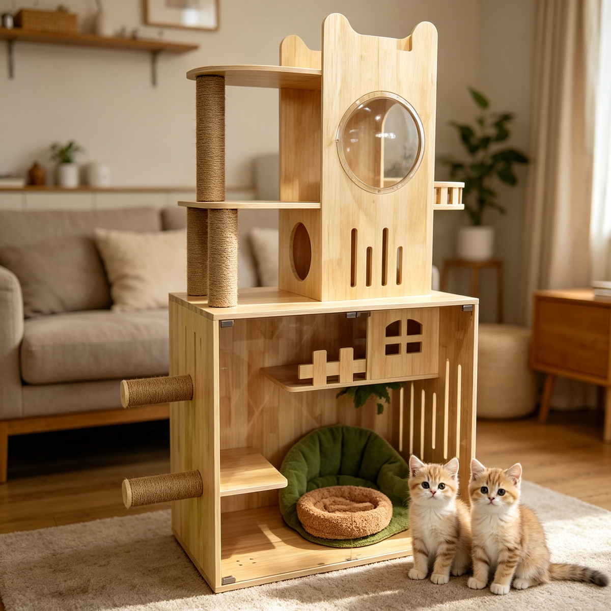 Wholesale integrated solid wood cat cabinet cat tree, thick wood with sisal scratch posts, transparent acrylic space window and multi-layer activity rest area for pet store supply