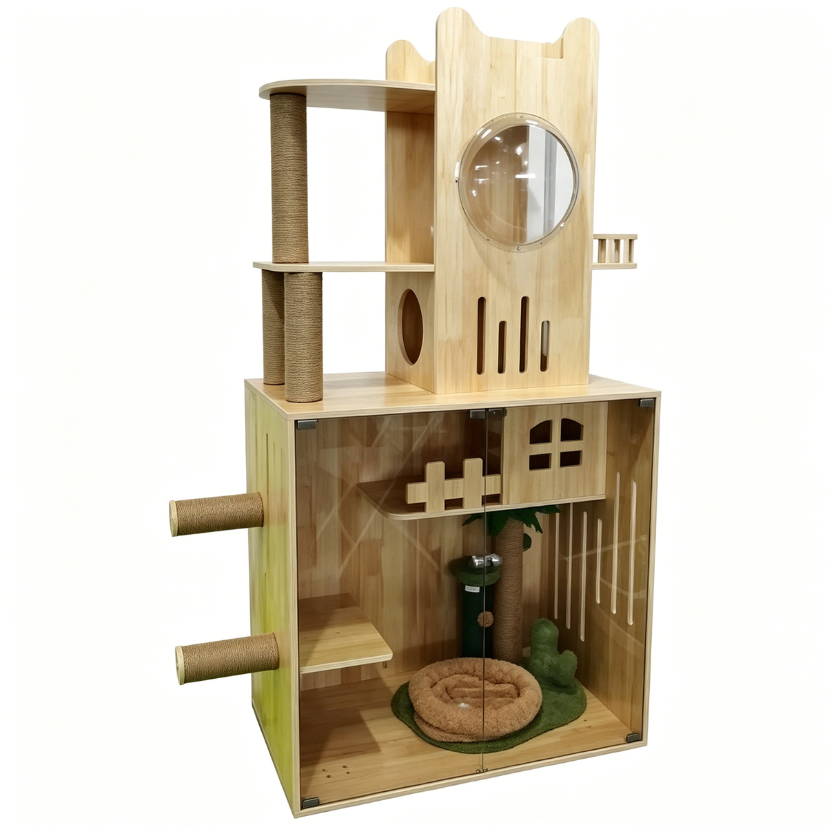 SZHD-SP5001-08 Solid Wood Cat Cabinet Integrated Cat Tree, 15mm Thick Wooden Cat Tower with Sisal Posts & Acrylic Window