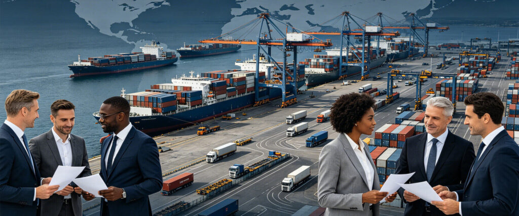 Multi-national business partners discuss global sourcing business at international container seaport, world map background for overseas purchasing and freight forwarding service