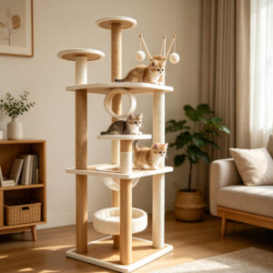 SZHD-SP2001-01 Multi-Level Woven Mat Cat Tree with kittens in home setting
