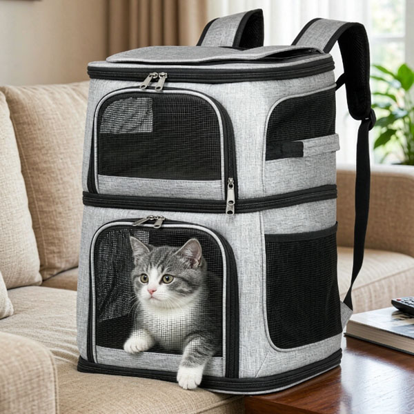 bk-sp002 double layer pet carrier backpack lifestyle image with cat indoors