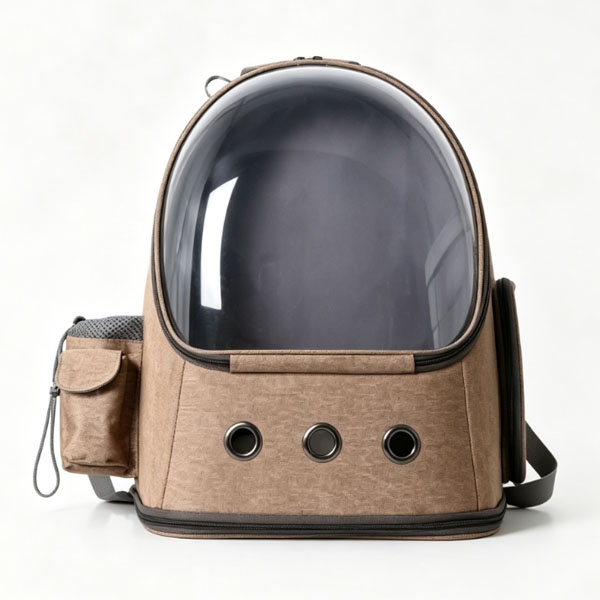 pet space capsule backpack white background, khaki grey blue