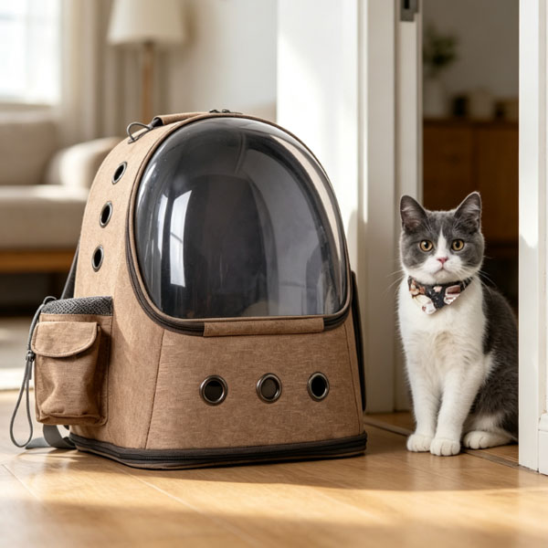 space capsule pet backpack scene, cat comfortable outdoor travel