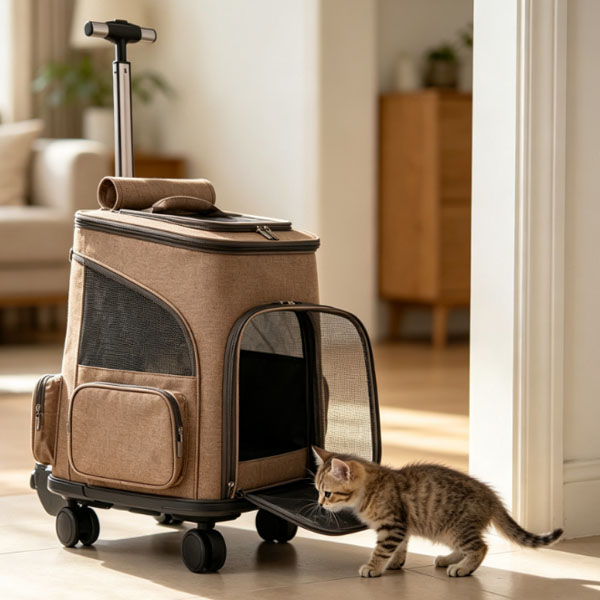 pet rolling carrier scene, cat comfortable outdoor travel