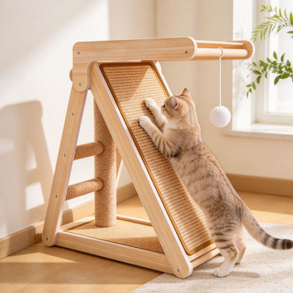 Cat scratching on SZHD-SP901-03 folding solid pine wood cat scratching ramp, sisal scratcher board with toy ball