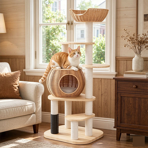 Rattan solid wood cat tree SZHD-SP902-01(B03), multi level cat tower with woven cat cave, sisal scratching posts and top perch for indoor cats