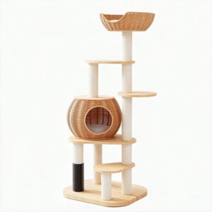 SZHD-SP902-01(B03) rattan solid wood cat tree, multi-level cat tower with woven cat cave and sisal scratching post, white background product photo