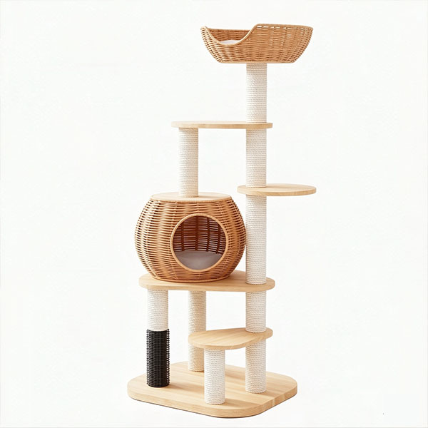SZHD-SP902-01(B03) rattan solid wood cat tree, multi-level cat tower with woven cat cave and sisal scratching post, white background product photo